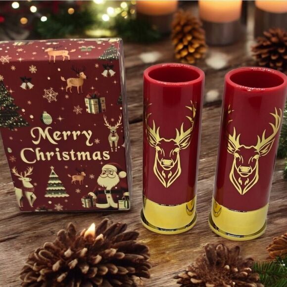 Gift Box Set 12 Gauge Shotgun Shell Red Shot Glasses Gold Deer Novelty Barware - Picture 2 of 13